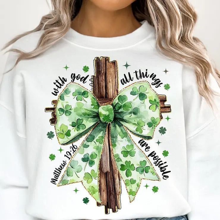 St. Patrick's Day Shirt, God Christian Sweatshirt, Christian Cross Shirt, St. Patrick's Coquette Bow Tee, Lucky Shirts,...