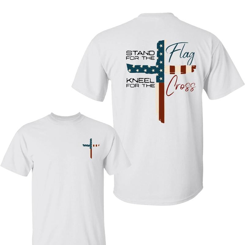 Stand For The Flag Kneel For The Cross 4th Of July 2 Sided T-Shirt, Graphic Tees for Women Cotton Fabric Casual Crew Neck Short Sleeve T-Shirt