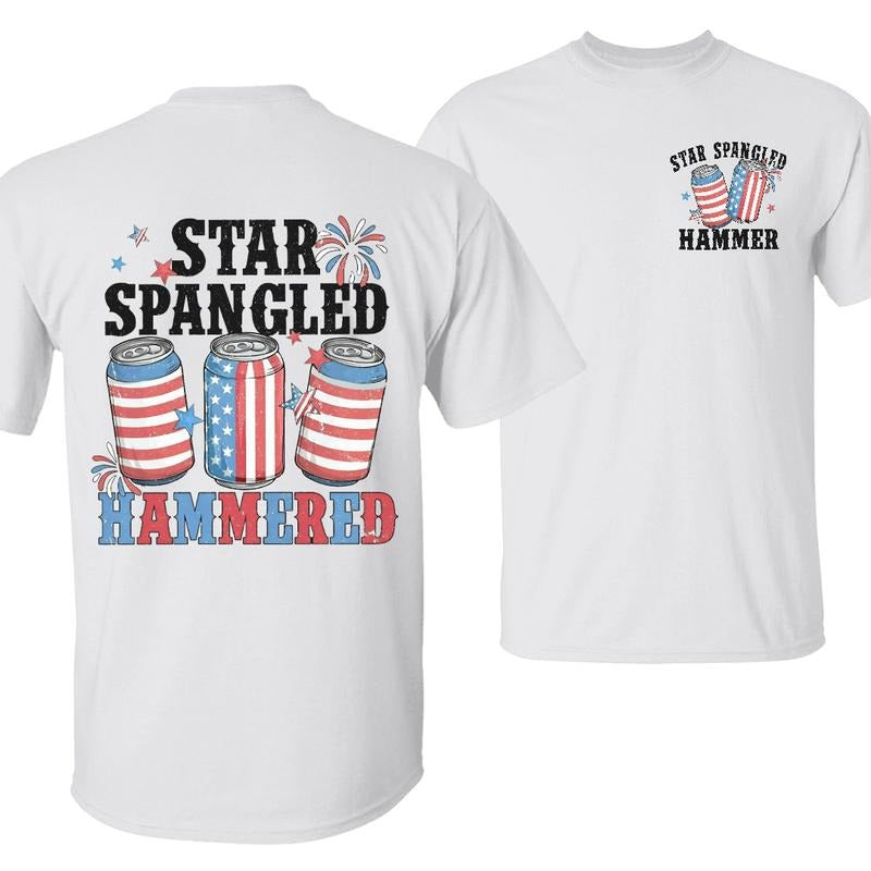 Star Spangled Hammered T-Shirt, Funny Independence Day Party Tee, Funny Patriotic 4th of July Shirt, Patriotic Beer Lover Shirt, Fireworks & American Flag Graphic, Unisex Cotton Apparel for Men and Women