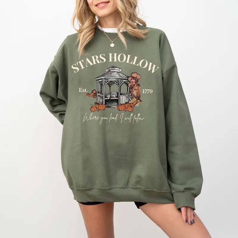 Stars Hollow Sweatshirt, Stars Hollow Where You Lead I Will Follow Shirt, Vintage Style Lukes Diner Crew Neck Sweater