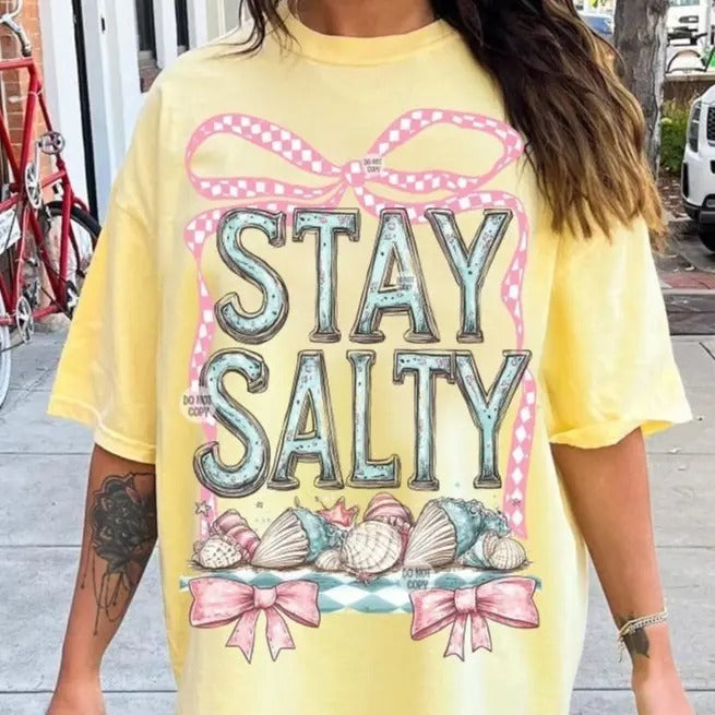 Stay Salty Coastal Beach Shirt, Seashell Aesthetic Checkered Bow Tee, Boho Trendy Summer Vibes Gift Comfort Cotton Top...