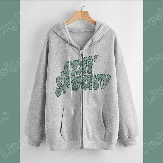 Stay Spooky Trendy Halloween Zip Up Hoodie, Unisex with Two Color Options, Grey Halloween Hoodie, Oversize Zombie...