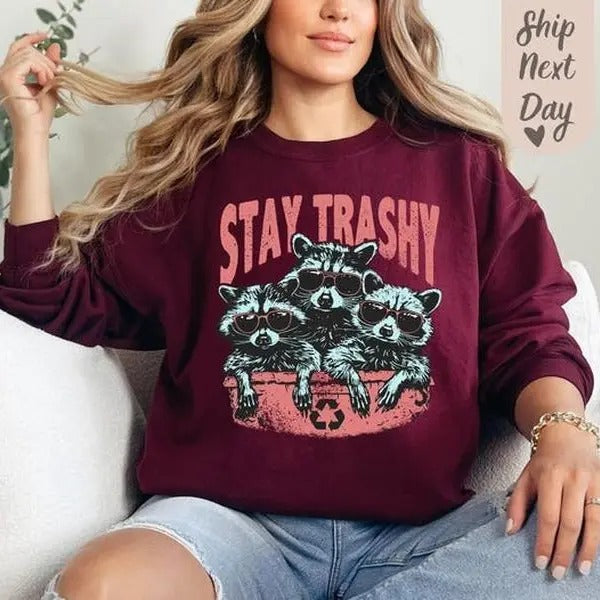 Stay Trashy Sweatshirt, Funny Graphic Racoon Sweatshirt, Meme Sweatshirt, Raccoon Lover Gift Hoodie Tops