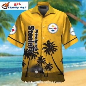 Steelers Hawaiian Shirt Gold And Black Palm Tree Sunset
