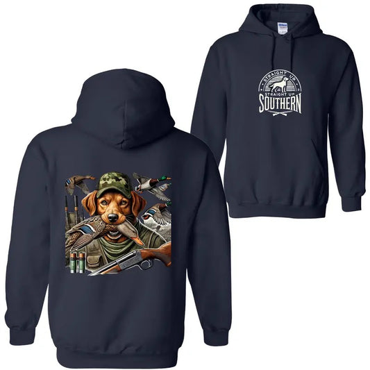 Straight Up Southern Duck Hunting Sweatshirt, Hoodie -  Camo Dog and Mallard Graphic for Outdoor Enthusiasts, Cozy Pullover for Hunting Adventures