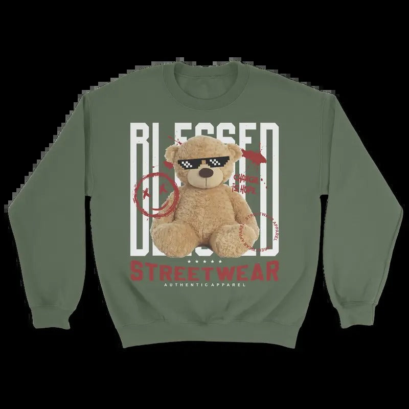 Streetwear Blessed Bear - Oversized Sweatshirt - Comfortable 100% Cotton - Graphic Sweatshirt  Menswear