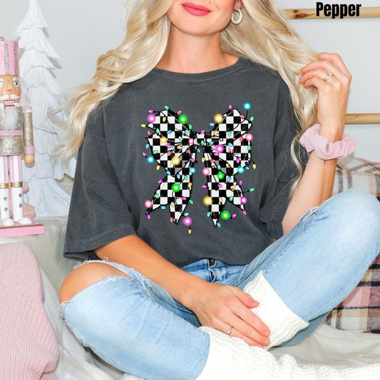 String Lights Checker Bow Comfort Colors T-Shirt 'NLB' Hoodie, Sweatshirt | InkThreadWorks.com