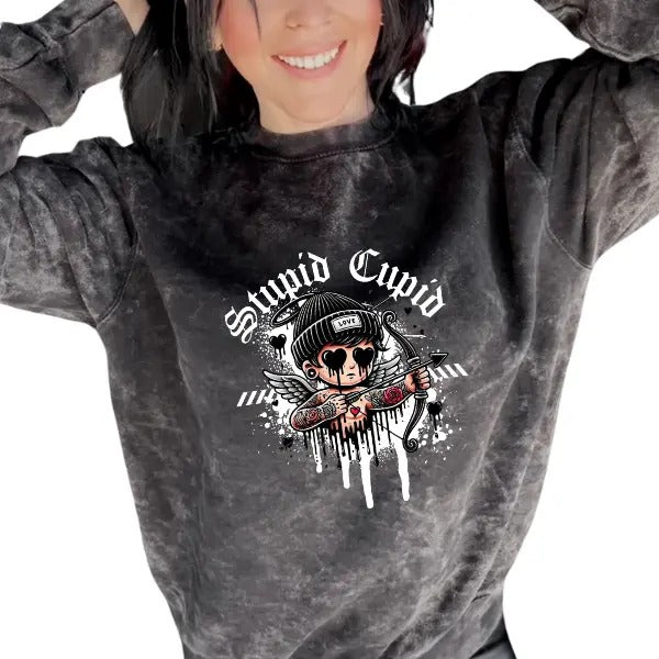 'Stupid Cupid' Mineral Wash Crewneck Sweatshirt, T Shirt, or Hoodie Aesthetic Pullover | Punk Rocker Style