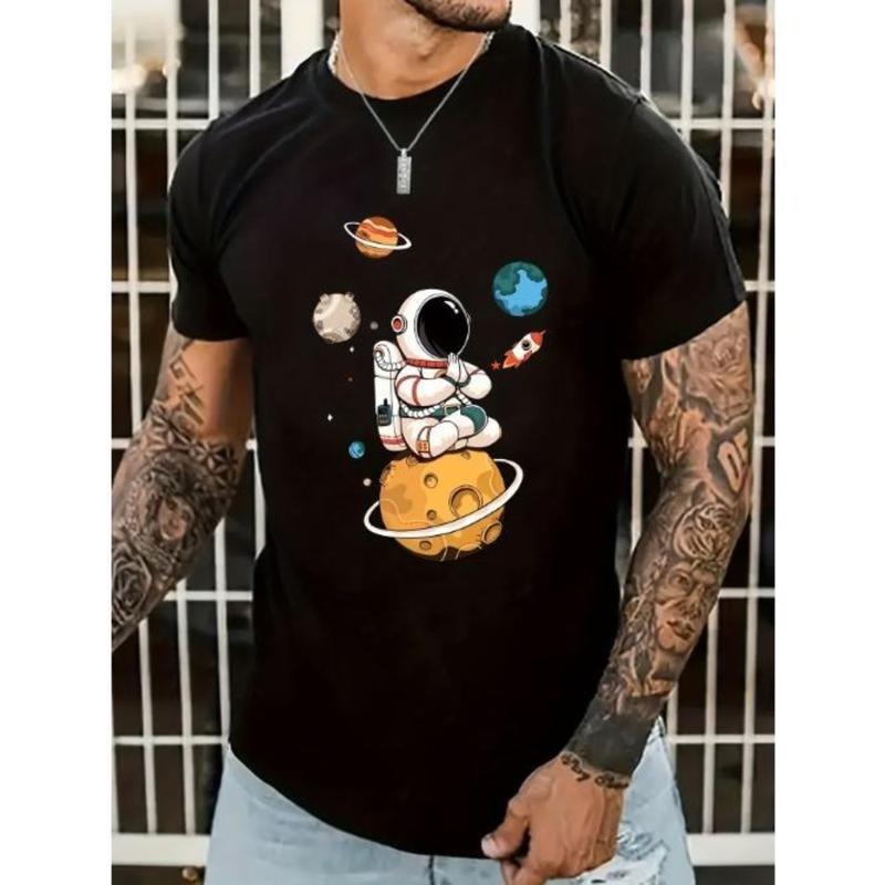 Stylish Cartoon Astronaut & Planet Graphic Tee - Men's Casual Street Style Stretch Round Neck T-Shirt for Summer - Breathable, Soft, and Comfortable Wear Made In USA