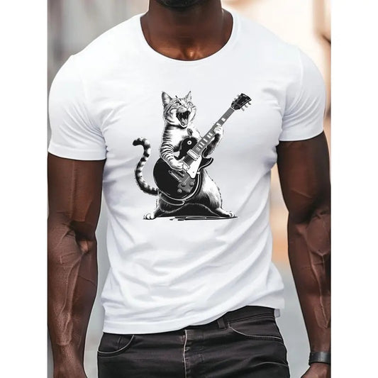 Cat Rock Electric Guitar Print Short Sleeved T-shirt, Casual Comfy Versatile Tee Top, Men's Everyday Spring/Summer Clothing Made in USA