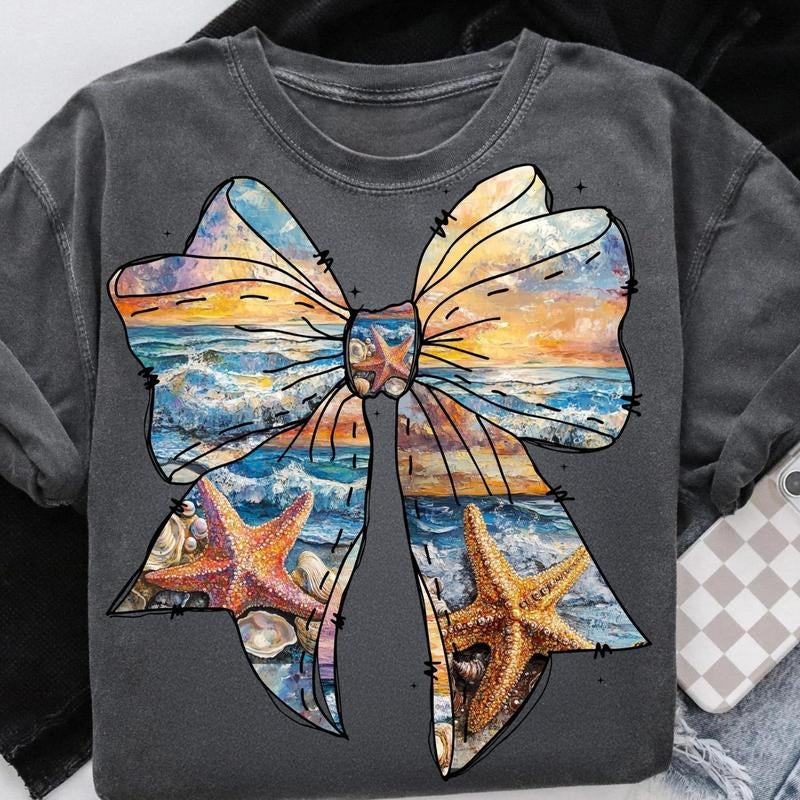 Summer Coastal Ocaen Coquette Girly Bow Shirt, Beach Summer Coastal Girly Tee, Summer Girly Coquette Bow Gift for Her...