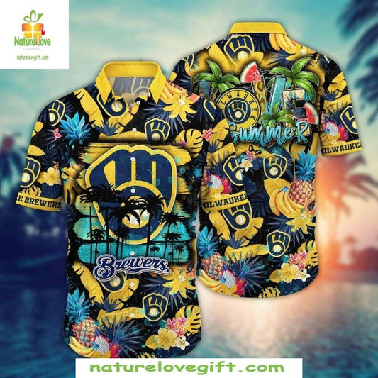 Milwaukee Brewers Hawaiian Shirt Summer Night Palm Baseball Apparel