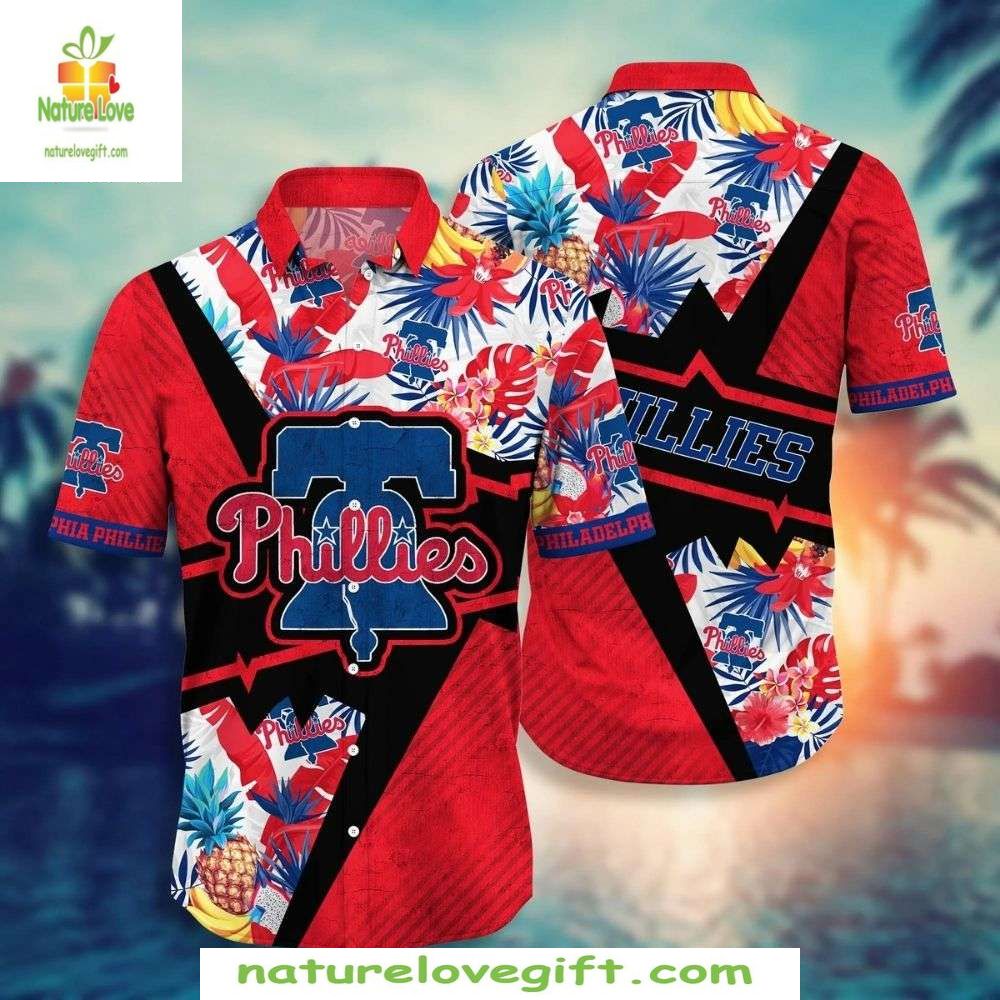 MLB Phillies Hawaiian Shirt Red White Blue Tropical Baseball Apparel