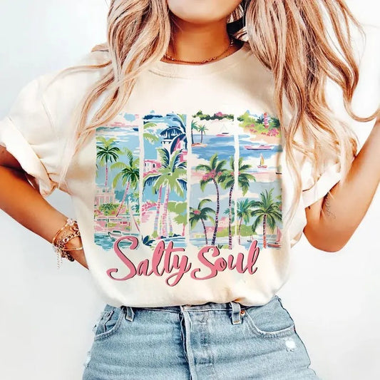 Summer Salty Soul Preppy Beach Tee, Beach vibes Brushstroke Aesthetic Summer Shirt, Trendy Summer Funny Sarcastic Gift for Her
