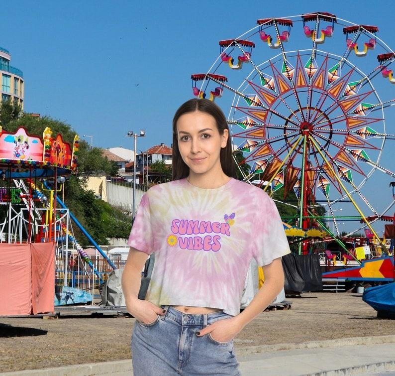 Summer Vibes Groovy Tie-Dye Crop Tee, Trendy Summer Shirt, Beach vibes Shirt Hoodie, Sweatshirt | InkThreadWorks.com