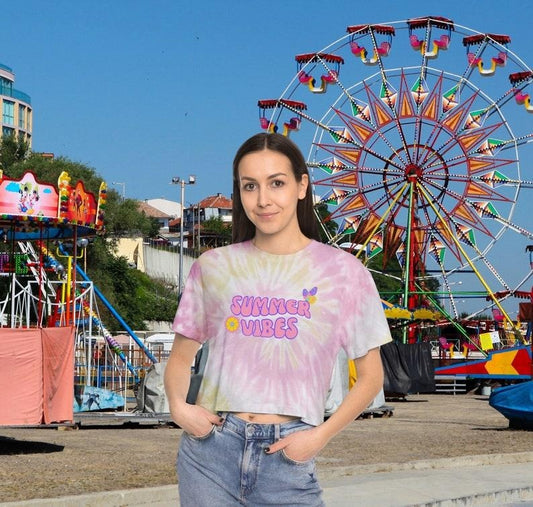 Summer Vibes Groovy Tie-Dye Crop Tee, Trendy Summer Shirt, Beach vibes Shirt Hoodie, Sweatshirt | InkThreadWorks.com