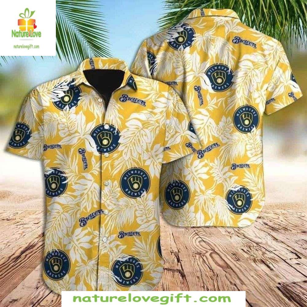Hawaiian Shirt Bright Yellow MLB Baseball Apparel Sunny Brewers Foliage