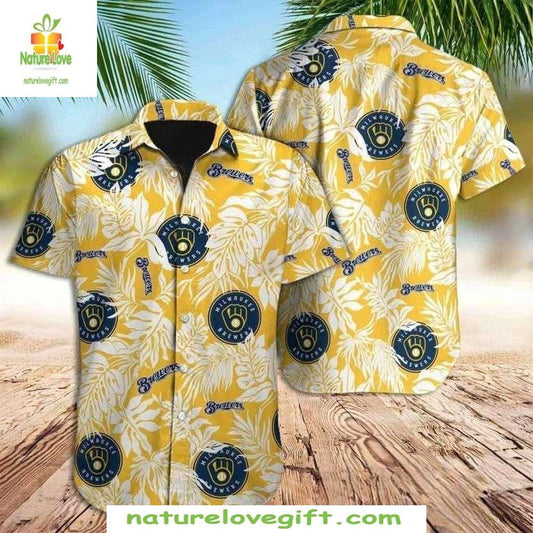 Hawaiian Shirt Bright Yellow MLB Baseball Apparel Sunny Brewers Foliage