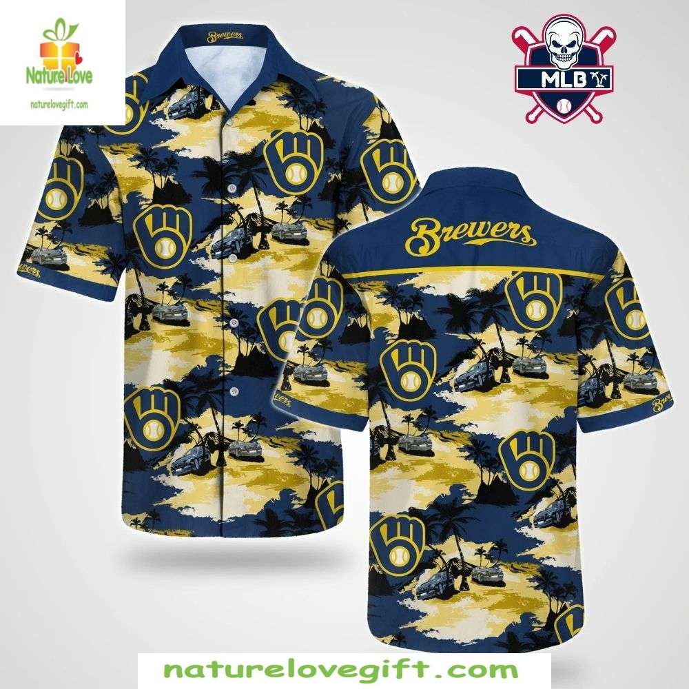 Milwaukee Brewers Hawaiian Shirt Tropical Sunset Palm Baseball Apparel