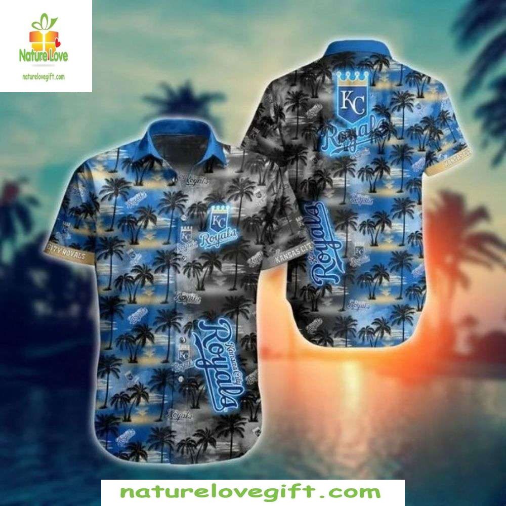 MLB Hawaiian Shirt Sunset Palms Royals Logo Tropical Baseball Apparel