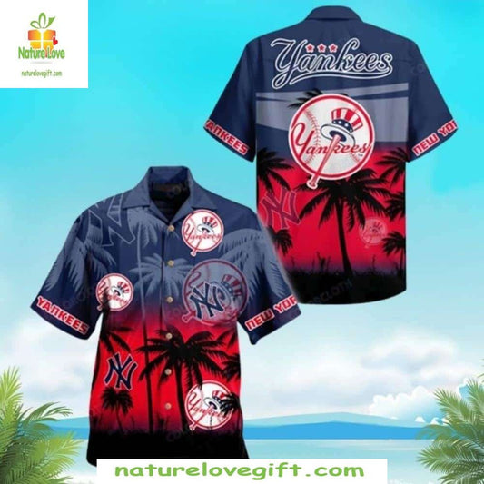 NY Yankees Hawaiian Shirt Sunset Palms Tropical Baseball Apparel