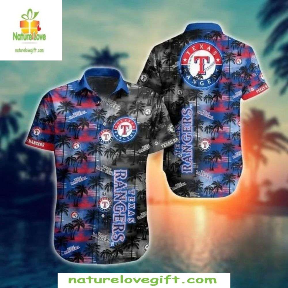 Texas Rangers Hawaiian Shirt Sunset Palms Tropical MLB Baseball Apparel