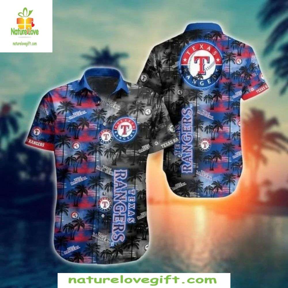 Texas Rangers Hawaiian Shirt Sunset Palms Tropical MLB Baseball Apparel