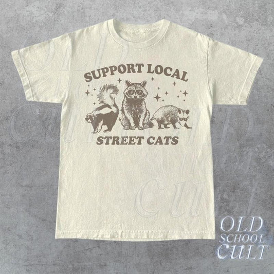 Support Local Street Cats Vintage Graphic T-Shirt, Retro Unisex Adult T Shirt, Y2k Raccoon T Shirt, Nostalgia T Shirt, Relaxed Cotton Tees