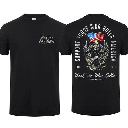 Support Those Who Build America T-shirt - Back The Blue Collar Patriotic Graphic Tee for Men, Ideal Gift for Dad