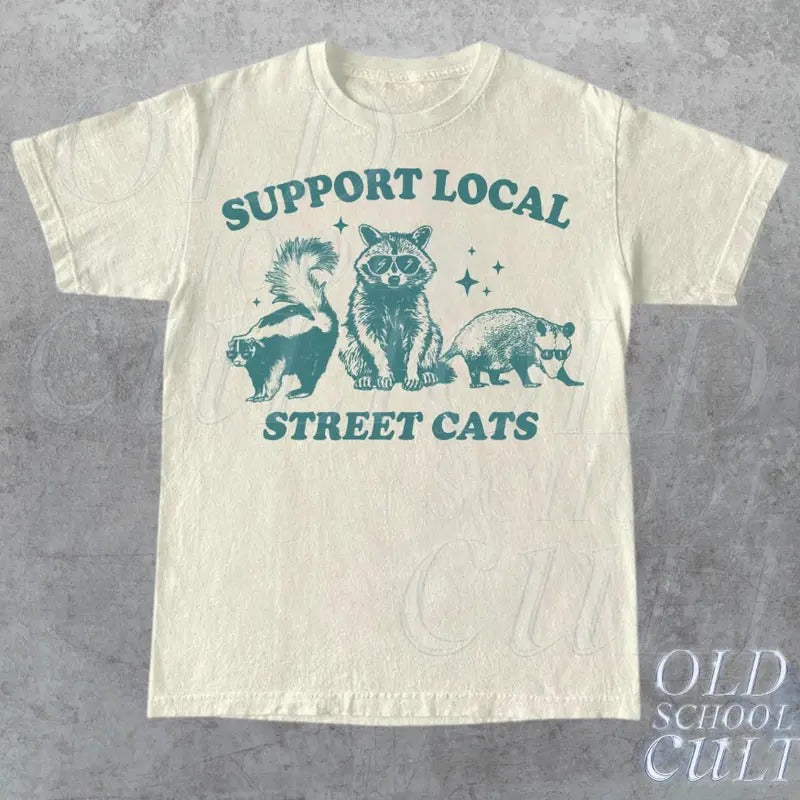 Support Your Local Street Cats Graphic T-Shirt, Retro Unisex Adult T Shirt, Vintage Raccoon T Shirt, Nostalgia T Shirt, Relaxed Cotton Tees