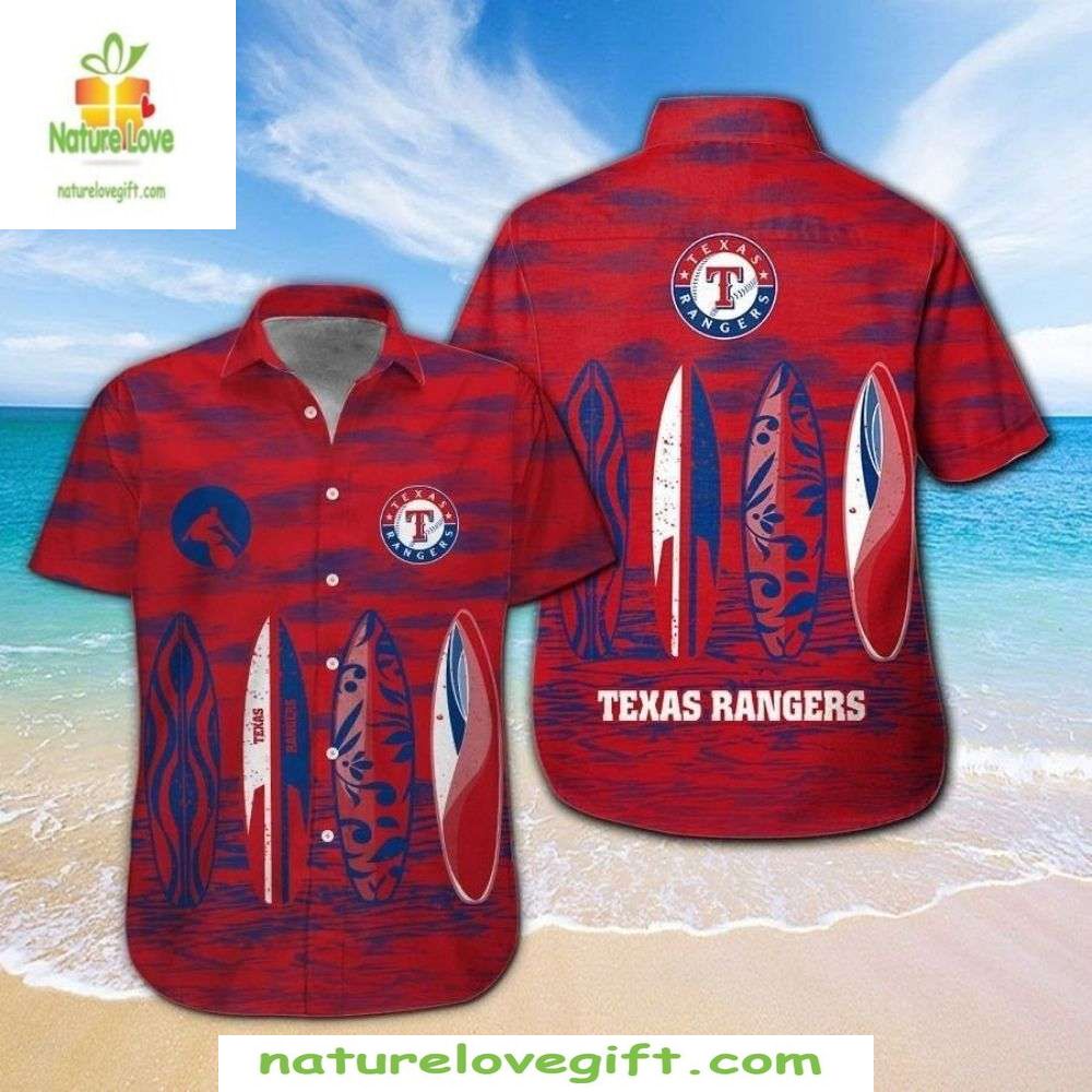 Texas Rangers Hawaiian Shirt Surfboards Waves Tropical MLB Baseball Apparel