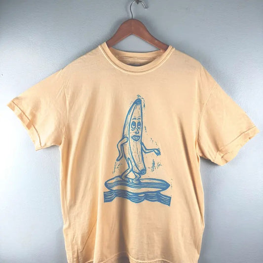 Surfing Banana  Woodblock Hand-Printed T-Shirt Cotton Menswear Top Graphics Minimalist Streetwear Casual
