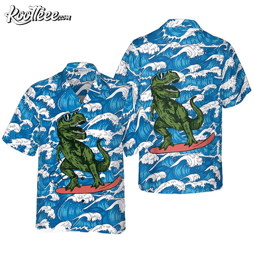 Surfing T-Rex Dinosaur Hawaiian Shirt
