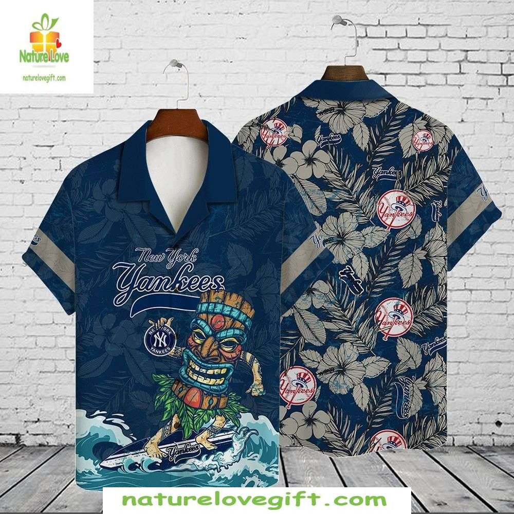 NY Yankees Hawaiian Shirt Surfing Tiki Aloha Baseball Apparel Blue
