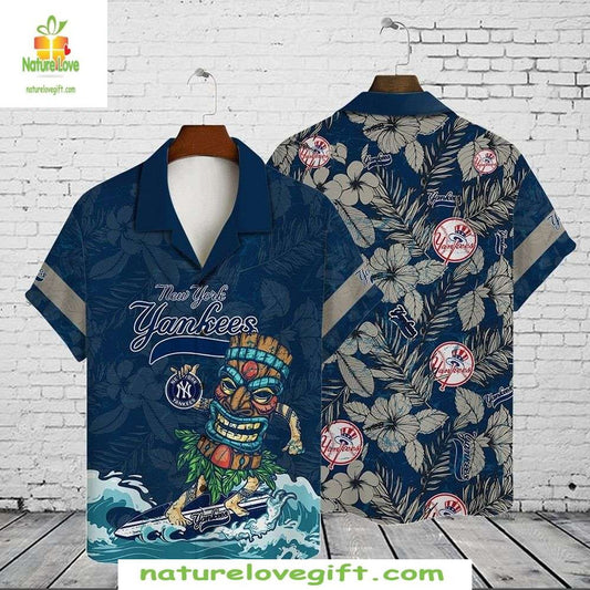 NY Yankees Hawaiian Shirt Surfing Tiki Aloha Baseball Apparel Blue