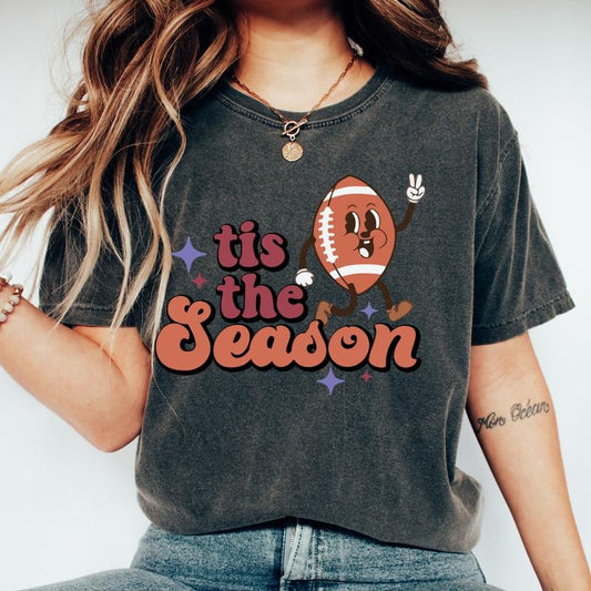 TIS THE SEASON FOOTBALL SHIRT (COMFORT COLORS T-SHIRT, CAUSAL SHIRT UNISEX, FALL CLOTHING, GRAPHIC APPAREL) Cotton Fabric
