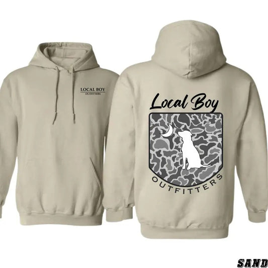 TTP Local Boy Outfitters Hoodie - Classic Camouflage Design Featuring a Dog and Moon Graphic, Perfect for Outdoor Enthusiasts and Casual Wear, Unisex Hoodie