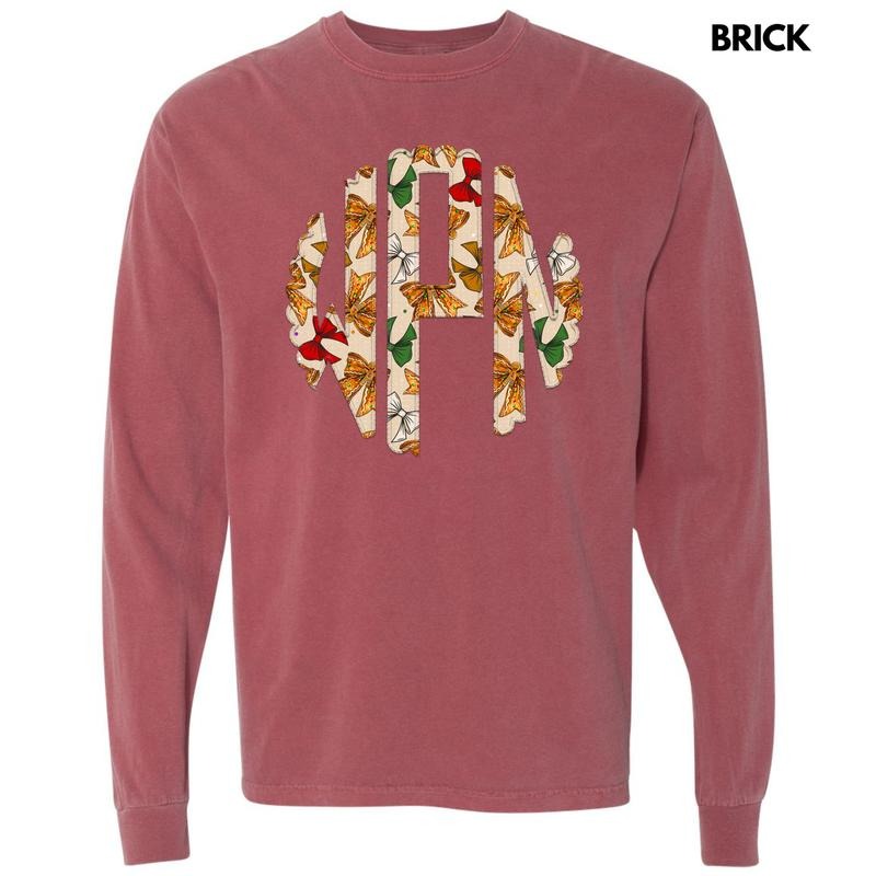 Tan Gingerbread Bow Monogram Long Sleeve Comfort Colors T-Shirt 'NLB' Hoodie, Sweatshirt | InkThreadWorks.com