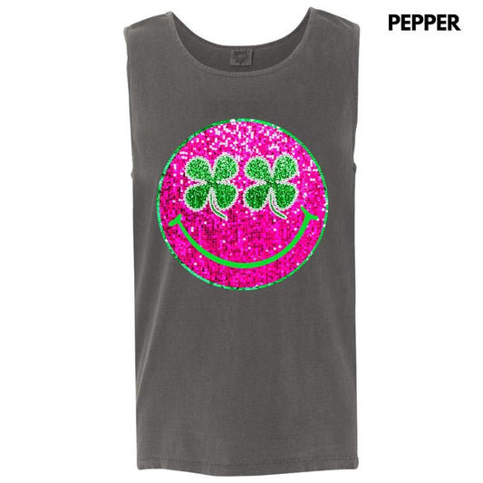 Tank Top - Clovers & Pink Faux Glitter Happy Face Comfort Colors Tank Top 'NLB' T-Shirts, Hoodie, Sweatshirt