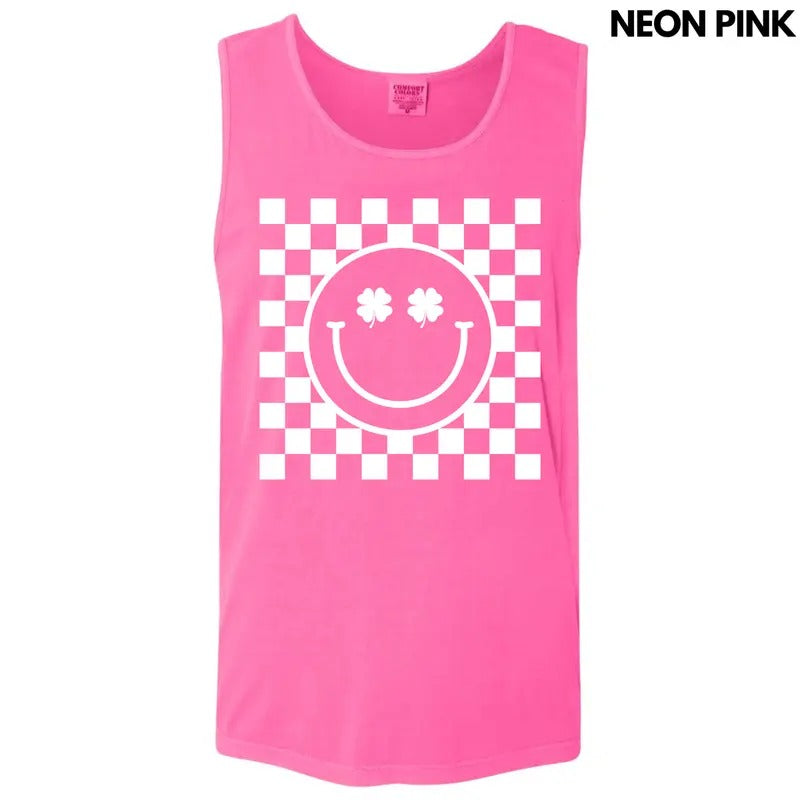 Tank Top - White Shamrock Checker Happy Face Comfort Colors Tank Top 'NLB' T-Shirts, Hoodie, Sweatshirt | InkThreadWorks.com