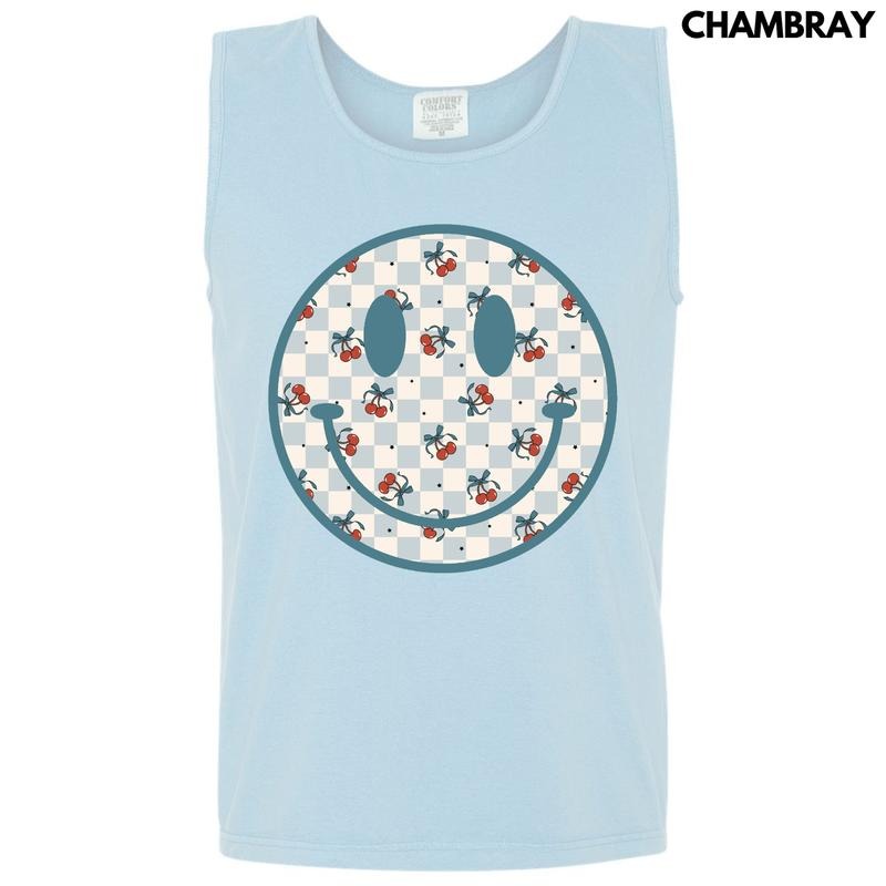 Tank Top -Cherry Checkered Happy Face Comfort Colors Tank Top 'NLB' T-Shirts, Hoodie, Sweatshirt | InkThreadWorks.com