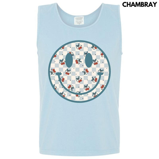 Tank Top -Cherry Checkered Happy Face Comfort Colors Tank Top 'NLB' T-Shirts, Hoodie, Sweatshirt | InkThreadWorks.com