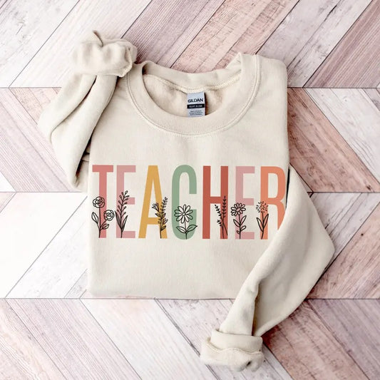 Teacher Shirt Boho Wildflowers Teacher Sweater Flowers Teach Shirt Spring Crewneck Teacher Gift Floral Pullover Cotton...