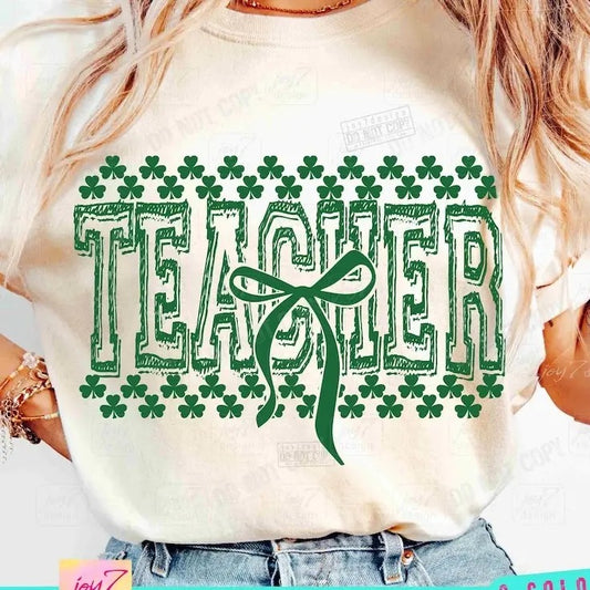 Teacher St Patricks tshirt-sweatshirt-hoodie, Teacher Varsity Shamrock Coquette St Patricks Day sweatshirt, Coquette Bow...