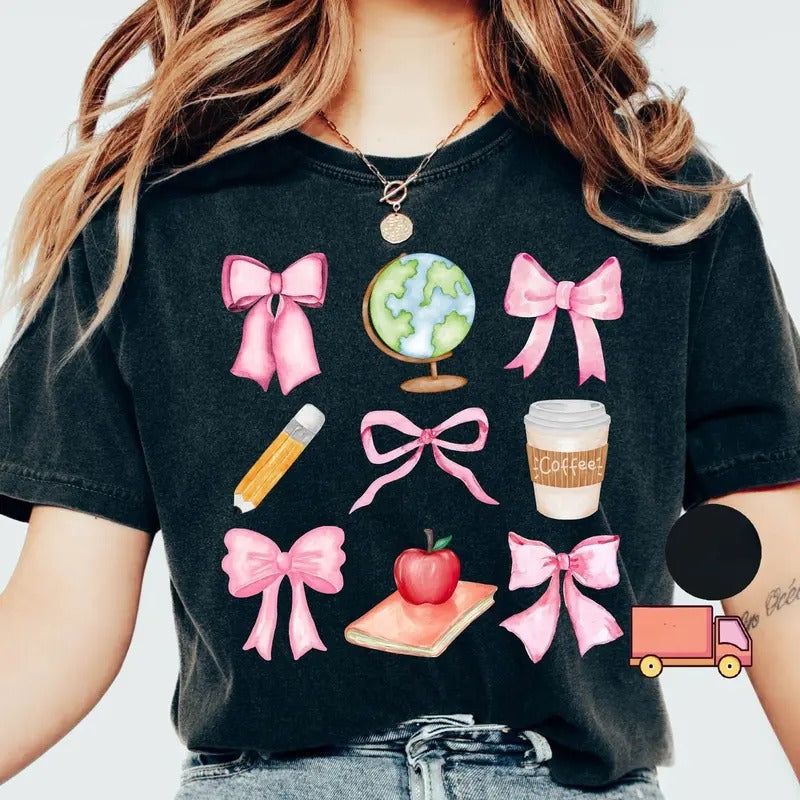 Teacher T-Shirt with Pink Bows Coquette Crewneck Back to School Shirt, Teacher Appreciation, Gift Preppy Teach Tee DYC8D...