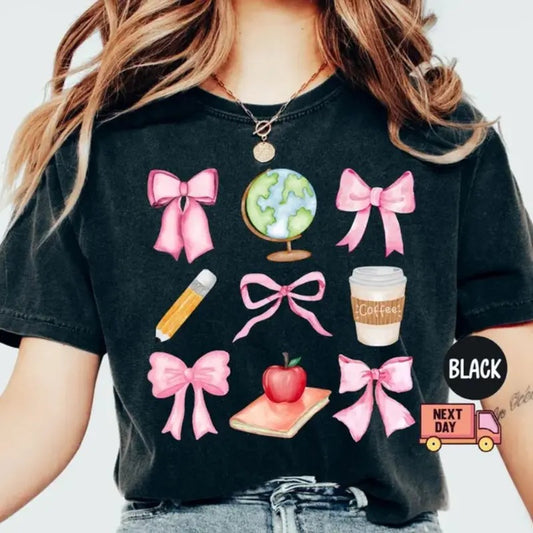 Teacher T-Shirt with Pink Bows Coquette Crewneck, Mrs. Teacher Appreciation, Gift Preppy Teach Tee