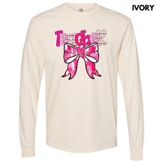 Teacher Valentine Coquette Long Sleeve Comfort Colors T-Shirt Hoodie, Sweatshirt | InkThreadWorks.com