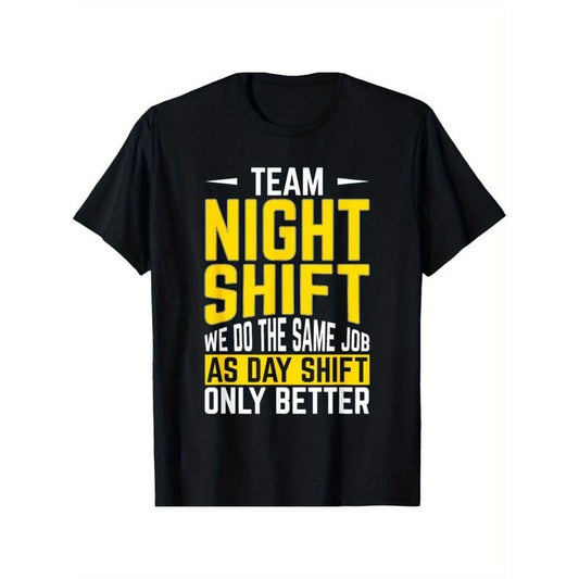 Team Night Shift Graphic T-Shirt, 100% Cotton, Casual Crew Neck, Slight Stretch, Geometric Pattern, for Night Shift Workers, Four Seasons Comfort, Ideal for Daily Wear, Running, Training, Cycling, Sports & Outdoor Activities Made in USA