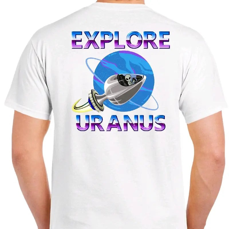 Tee-Dizz Explore Uranus Men's Funny T-shirt - Graphic Print Crewneck Casual Cotton Top Streetwear White