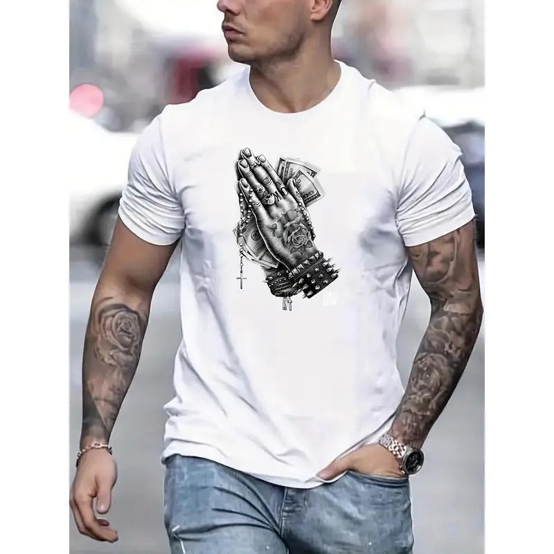 Tees For Men, Praying Hands With Money Print T Shirt, Casual Short Sleeve Tshirt For Summer Spring Fall, Tops As Gifts...
